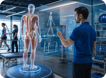 Physical therapist reviewing clinical research for evidence-based patient care